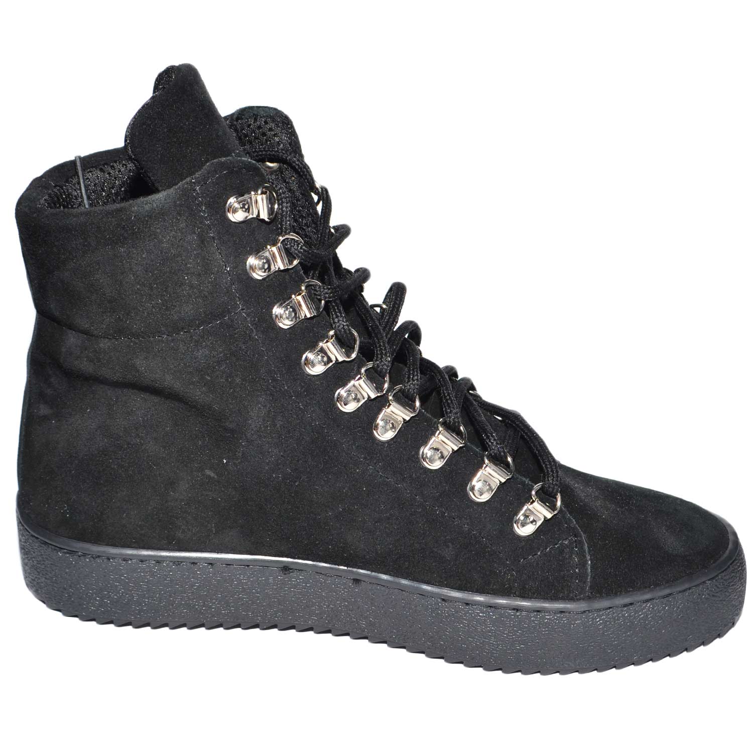 Sneakers uomo alta in vera pelle scamosciata nera con fondo doppio army nero, lacci con occhielli dorati