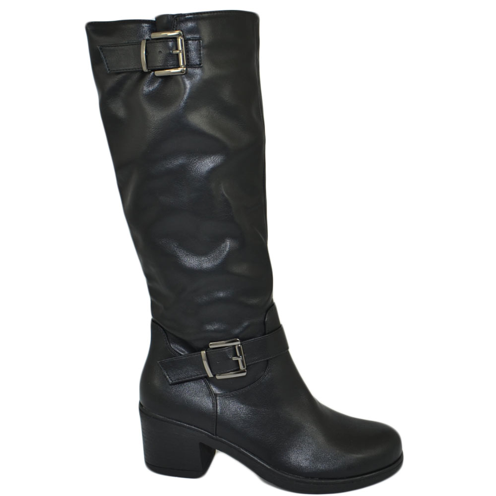 Stivali donna nero morbido con zip tacco basso e plateau crepe altezza ginocchio comodo antiscivolo fibbie