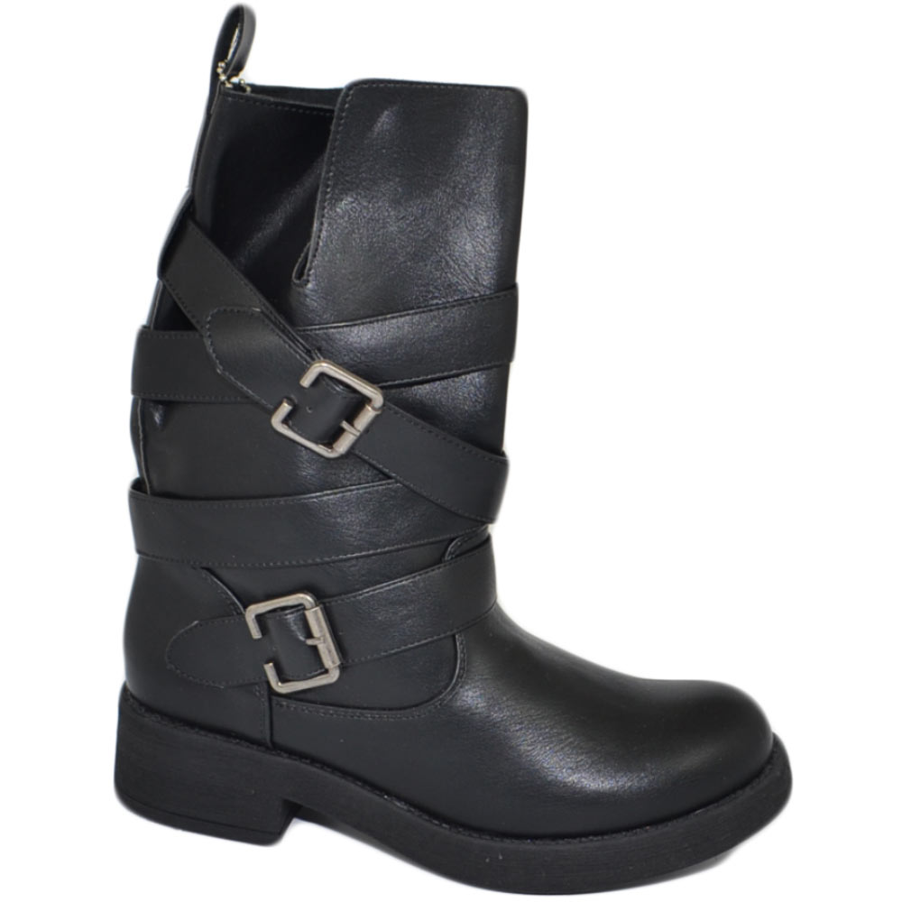 Stivali biker donna nero con fibbie linea basic moto riders con zip fondo alto gomma comfort crepe altezza gambaletto