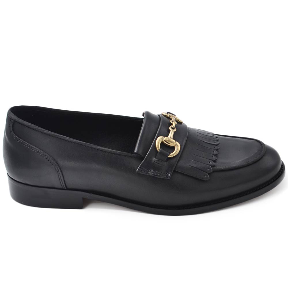 Scarpe mocassino uomo LS Luisantiago morsetto oro e frange vera pelle nappa nero suola in cuoio antiscivolo 