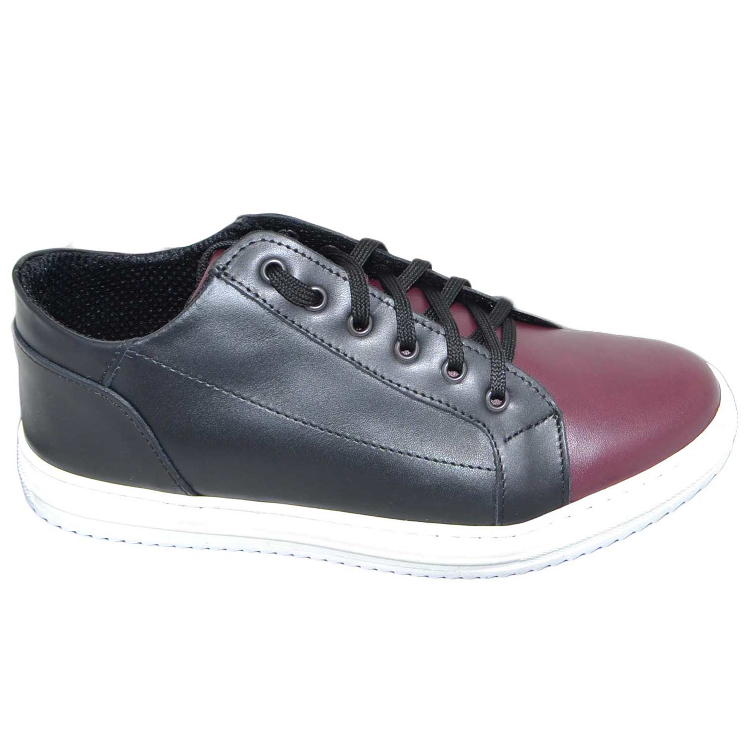 Sneakers bassa uomo art:2384 vera pelle bicolore nero e bordeaux comode moda made in italy.