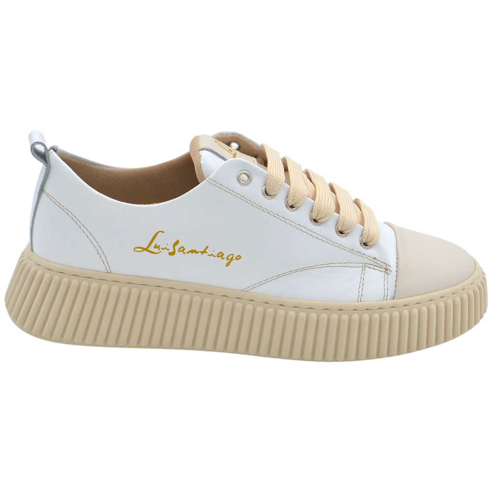 Luisantiago LS X-Ray Sneakers in vera pelle di vitello Latte e Bianco con suola EVA effetto vintage color crema.