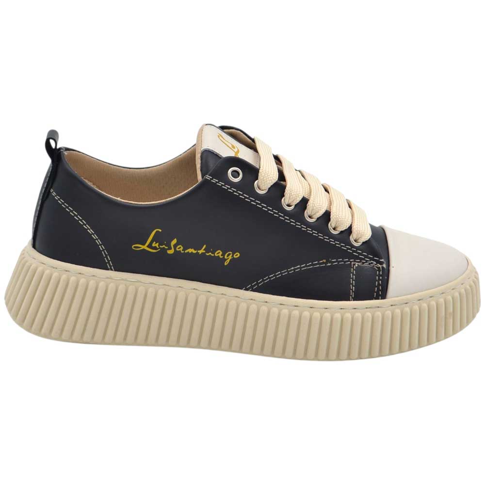 Luisantiago LS X-Ray Sneakers in vera pelle di vitello Nero e Bianco Latte con suola EVA effetto vintage color crema.