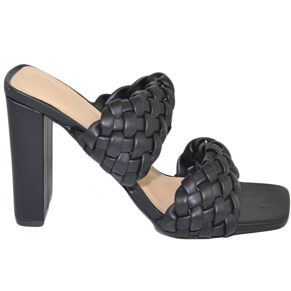 Sandalo donna nero mules sabot con tacco largo comodo 12 doppia fascia effetto intrecciato moda estate.