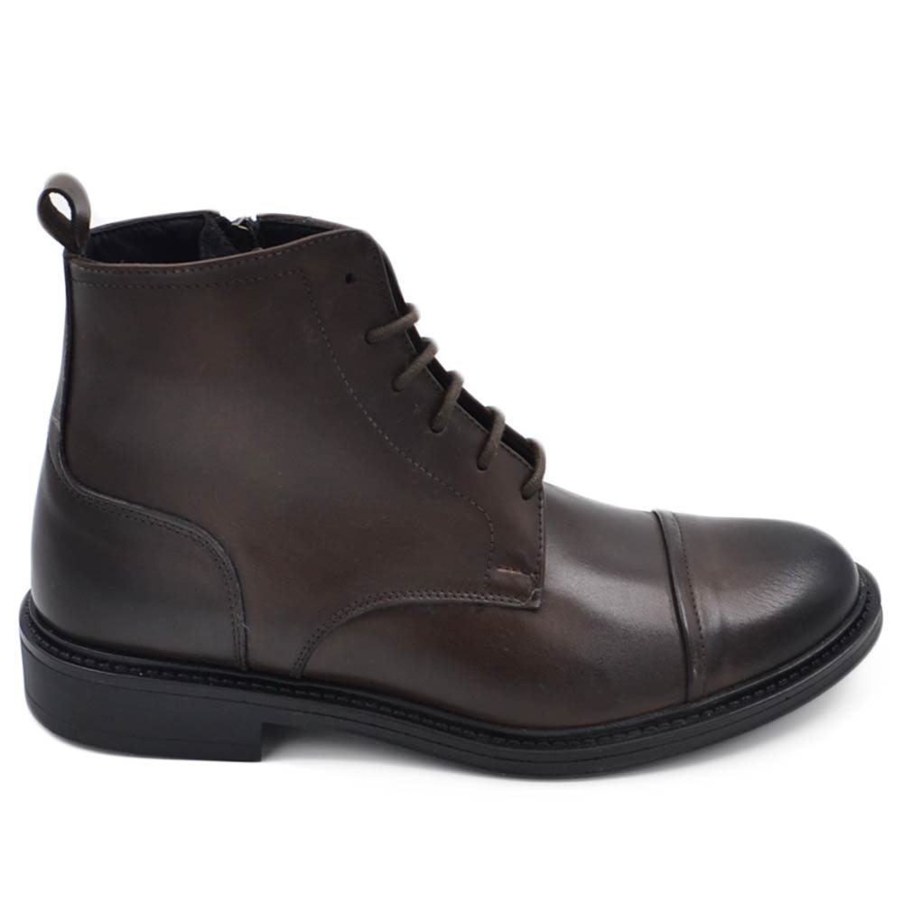 Scarpe stivale uomo anfibio lacci vera pelle abrasivata marrone suola gomma zip comfort moda basic made in italy