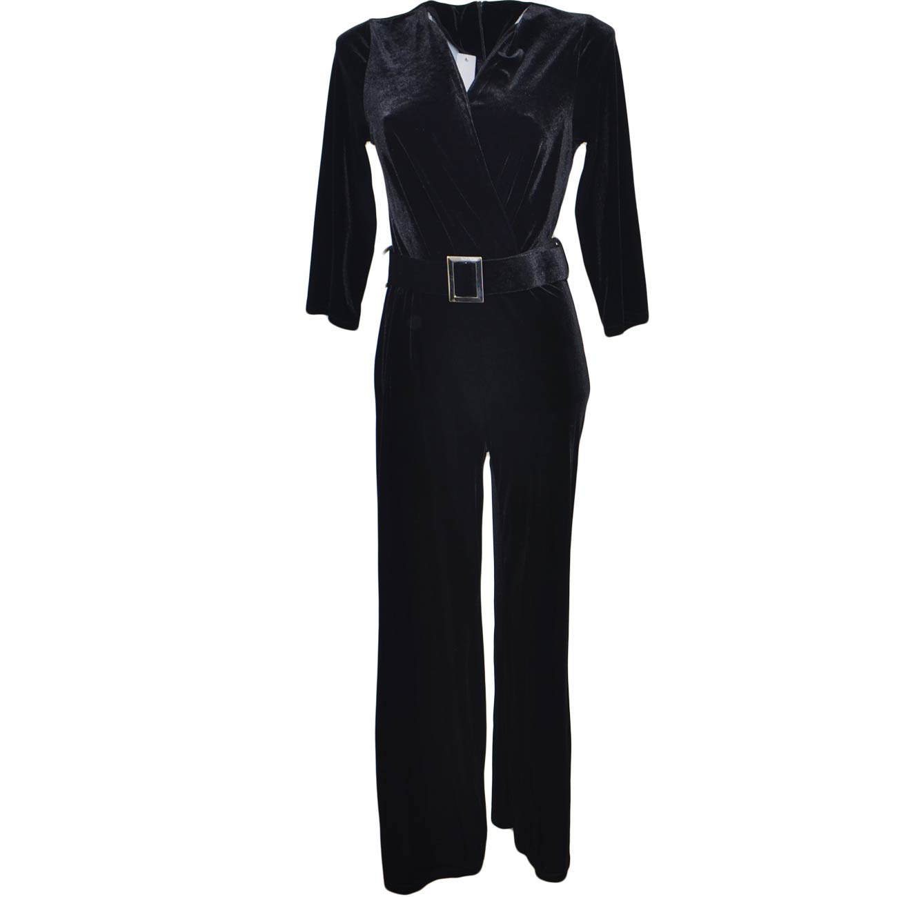 Tuta donna nera in ciniglia velluto con scollo a V e cinturone in vita pantalone palazzo e manica a tre quarti elegante