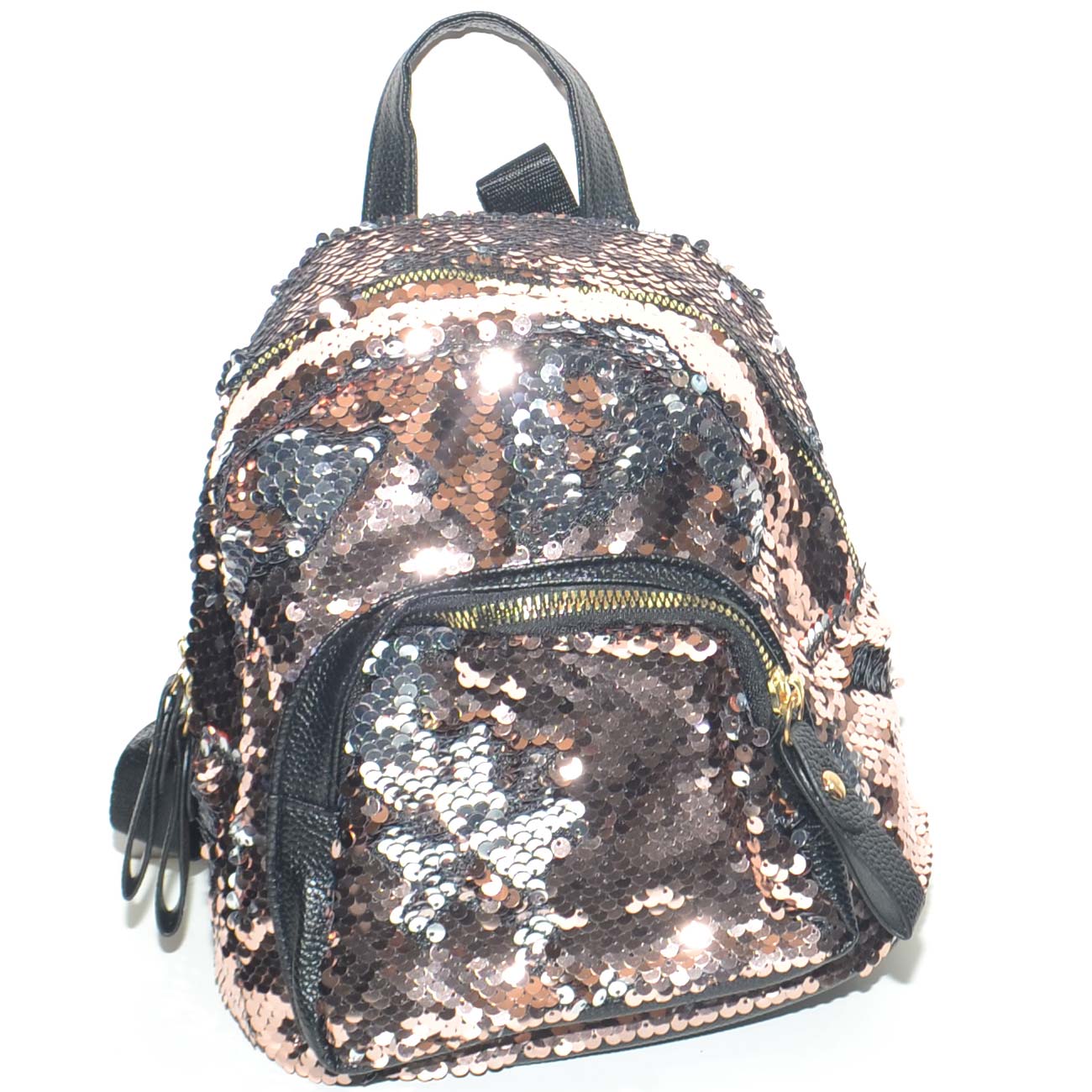 Mini zaino da donna versione pochette in paillettes reversibili bronzo argento con doppia allacciatura e zip interne