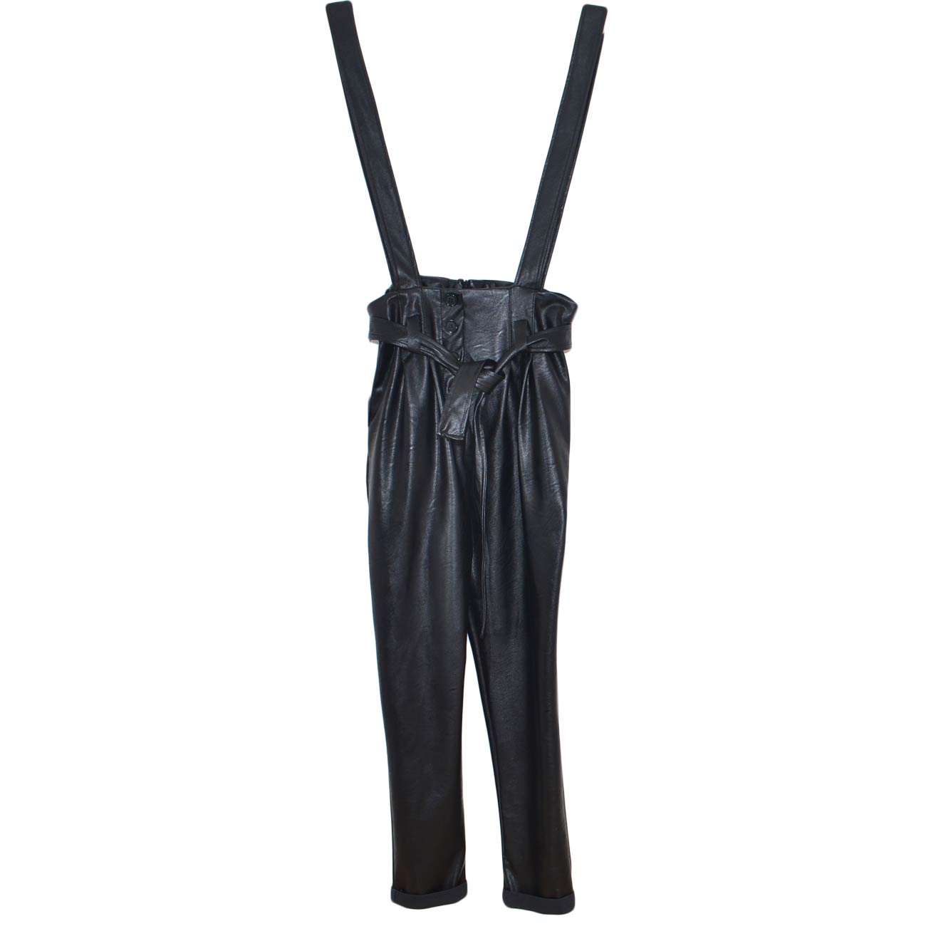 Salopette donna nera in pelle a vita alta con laccio in vita e bretelle regolabili moda trend