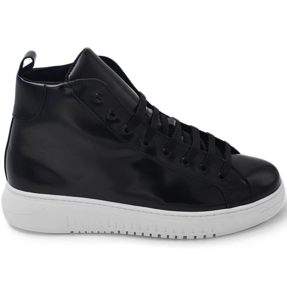 SNEAKERS UOMO ALTA STIVALETTO IN VERA PELLE VINILE NERA FONDO ARMY BIANCO MADE IN ITALY MODA