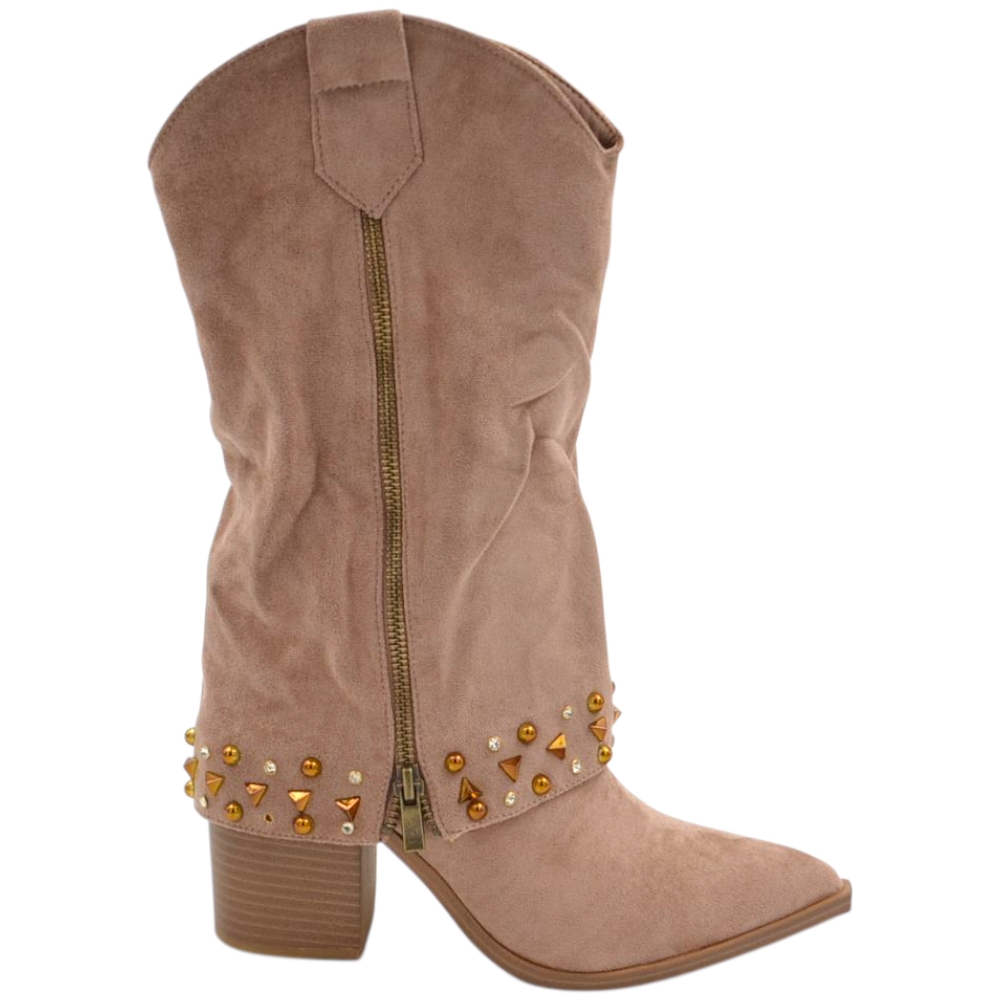 Stivaletti donna tronchetti camperos a punta in camoscio beige risvolto con brillantini oro tacco legno 10 cm.