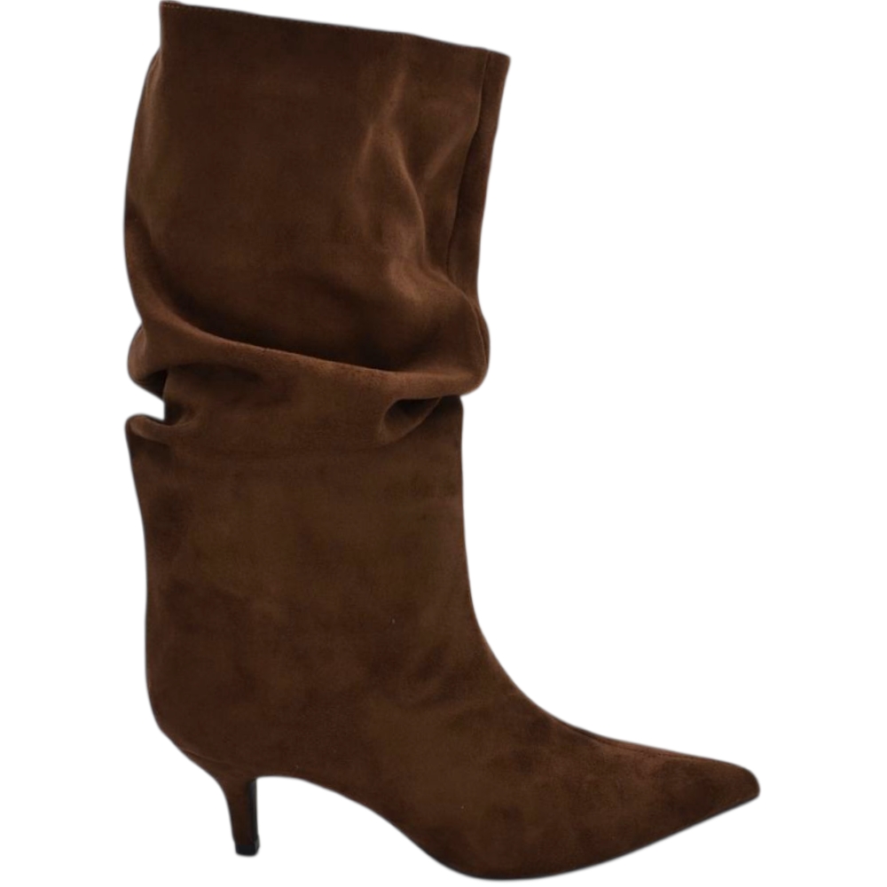 Tronchetto stivaletto marrone in camoscio donna linea Basic con tacco a spillo basso 5 cm vestibilita' over con zip.