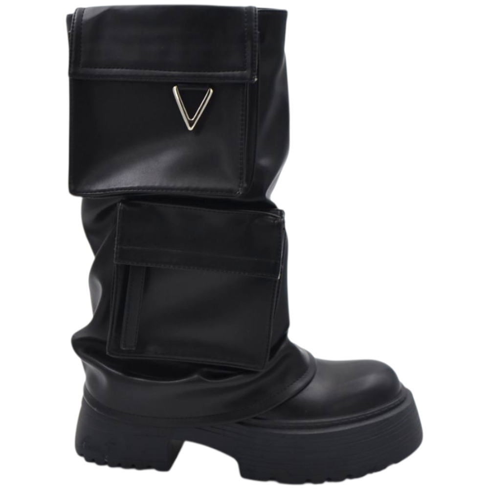 Stivali donna combat con zeppa carrarmato 8 cm gomma risvolto arricciato e taschino zip interna.