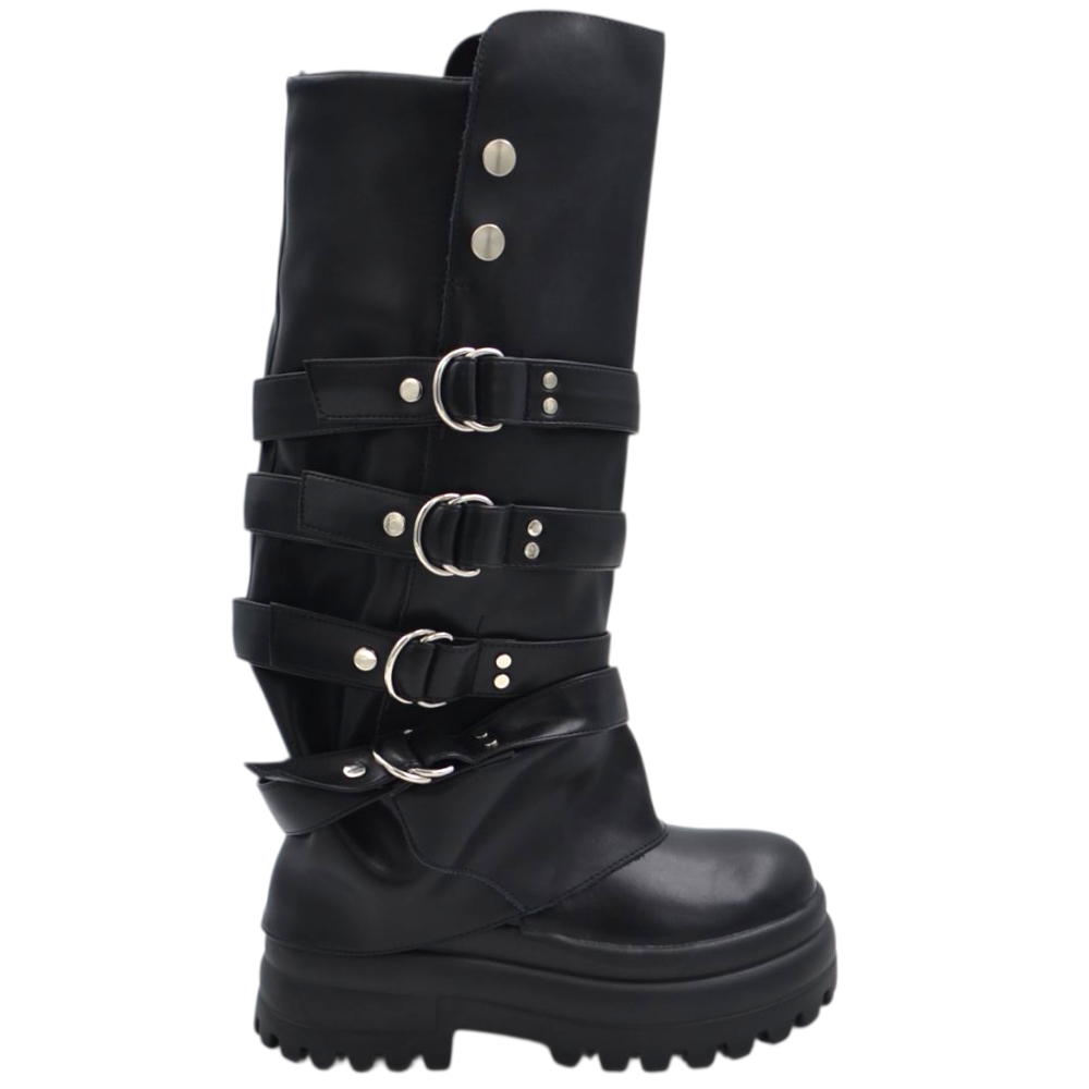 Stivali donna combat con zeppa carrarmato 8 cm gomma risvolto arricciato  fibbie argento e bottoni zip interna.