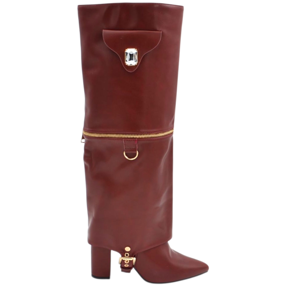 Stivali donna al ginocchio shark a punta in pelle bordeaux risvolto brillantino oro tacco largo 10 zip interna nascosta.