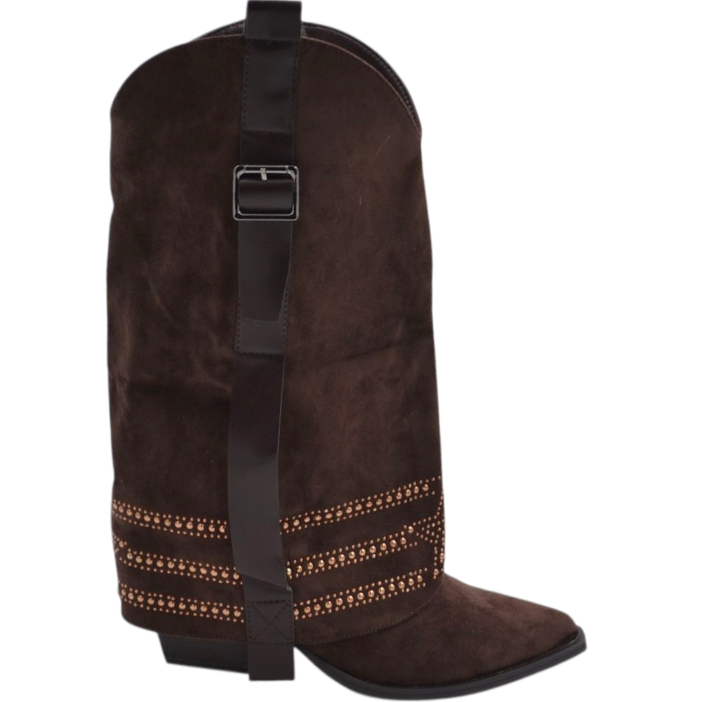 Stivaletti donna tronchetti camperos a punta in camoscio marrone risvolto con fibbia e borchie oro tacco western 7 cm