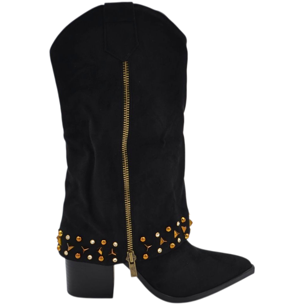 Stivaletti donna tronchetti camperos a punta in camoscio nero risvolto con brillantini oro tacco legno 10 cm.
