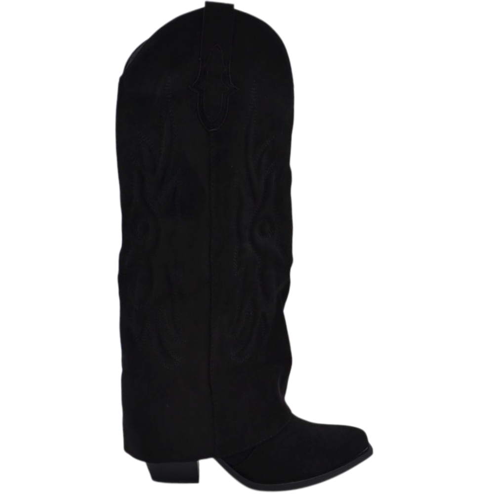 Stivali camperos donna camoscio nero a punta al ginocchio con para risvolto modello shark tacco cono 6 cm  moda