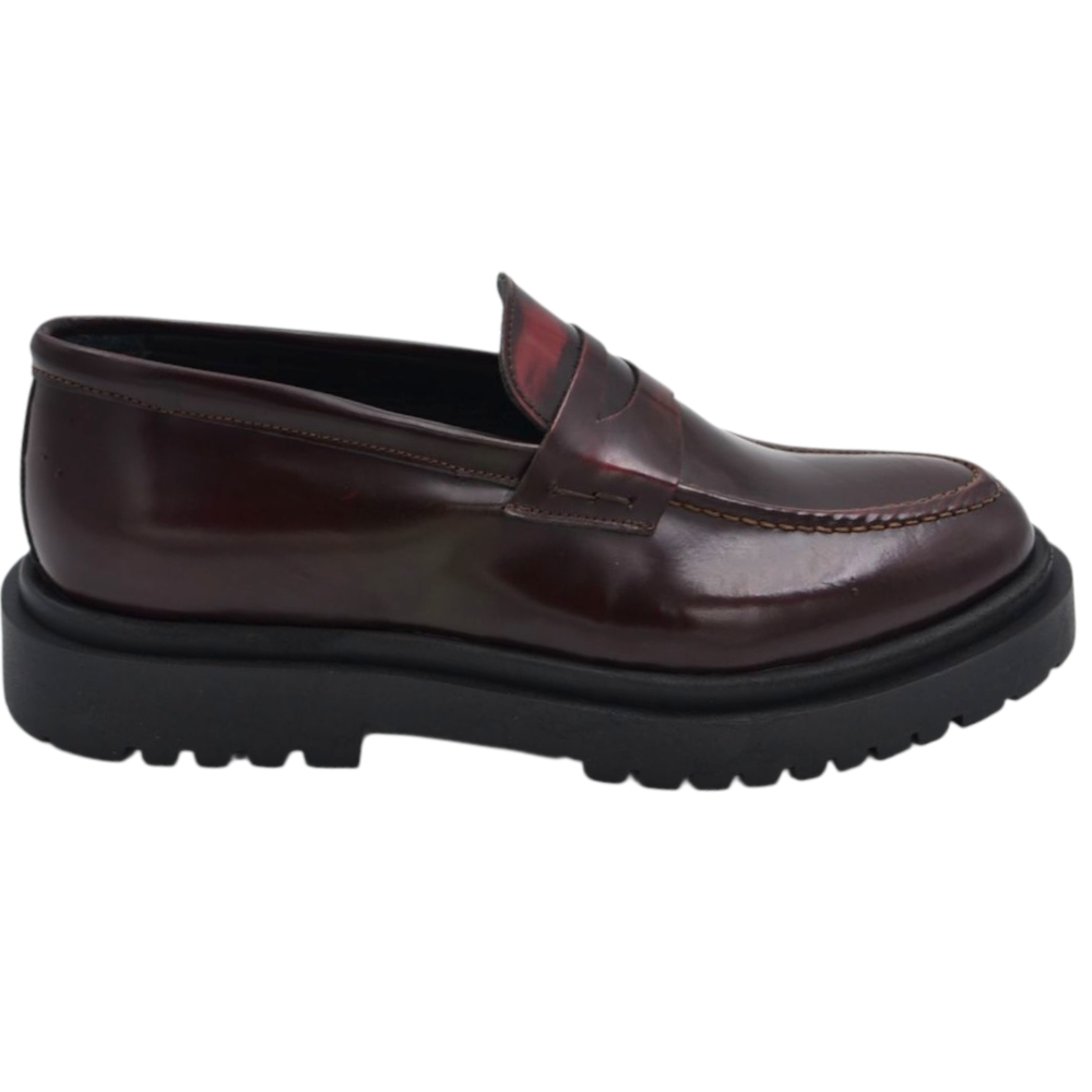 Scarpe uomo mocassino con bendina bordeaux vera pelle spazzolata effetto vintage fondo alto gomma zigrinato