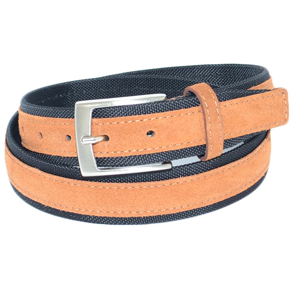 Cintura uomo bicolore cuoio e nera in pelle scamosciata e tela regolabile fibbia in acciaio made in italy business man
