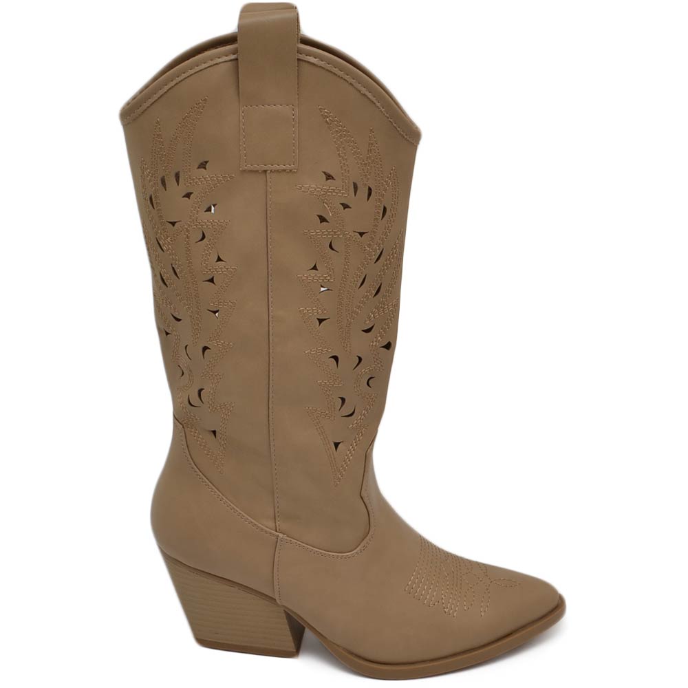 Stivali donna camperos texani stile western forati estivi beige ecopelle tacco western 7 cm legno con zip laterale