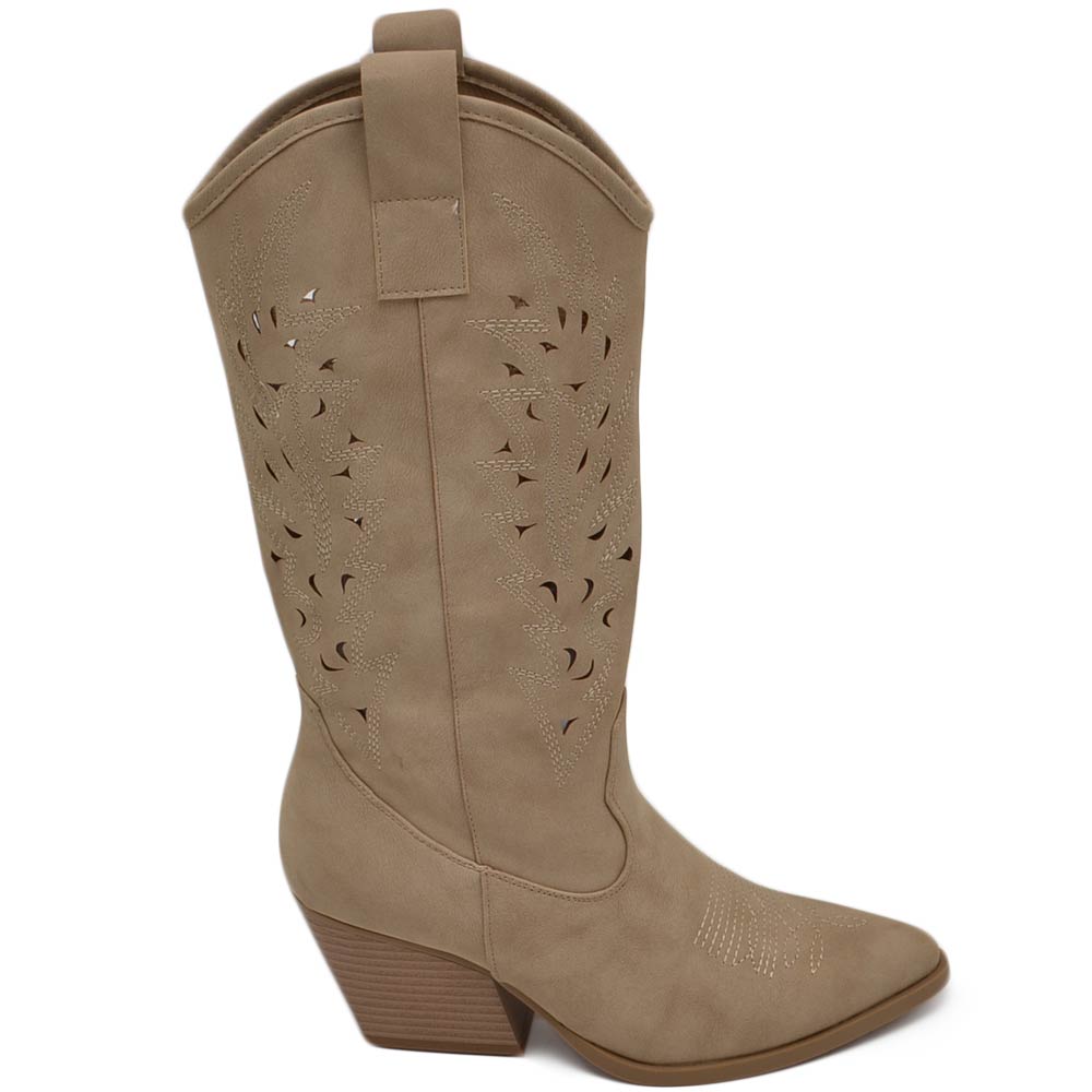 Stivali donna camperos texani stile western forati estivi beige scamosciato tacco western 7 cm legno con zip laterale.