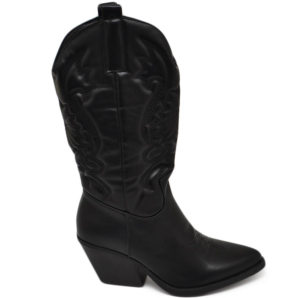 Stivali donna camperos texani stile western dettagli laser nero perlato tacco western 7 cm con zip laterale