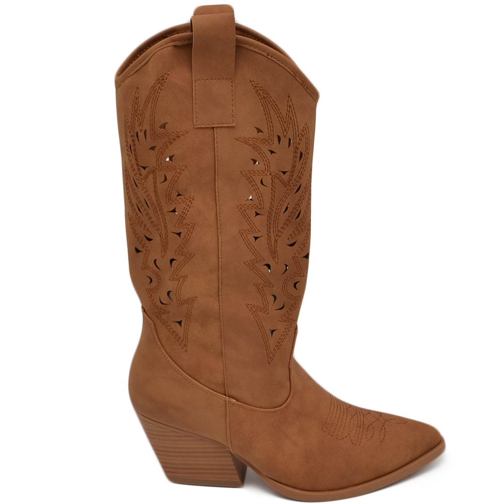 Stivali donna camperos texani stile western forati estivi cuoio scamosciato tacco western 7 cm legno con zip laterale