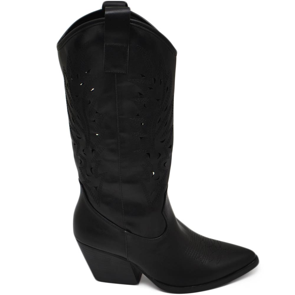 Stivali donna camperos texani stile western forati estivi nero tacco western 7 cm legno con zip laterale