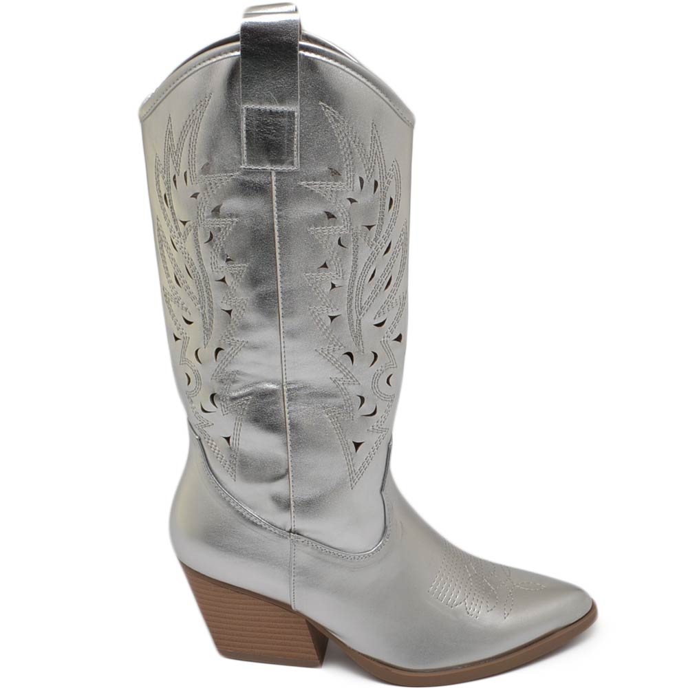 Stivali donna camperos texani stile western forati estivi argento perlato tacco western 7 cm legno con zip laterale.