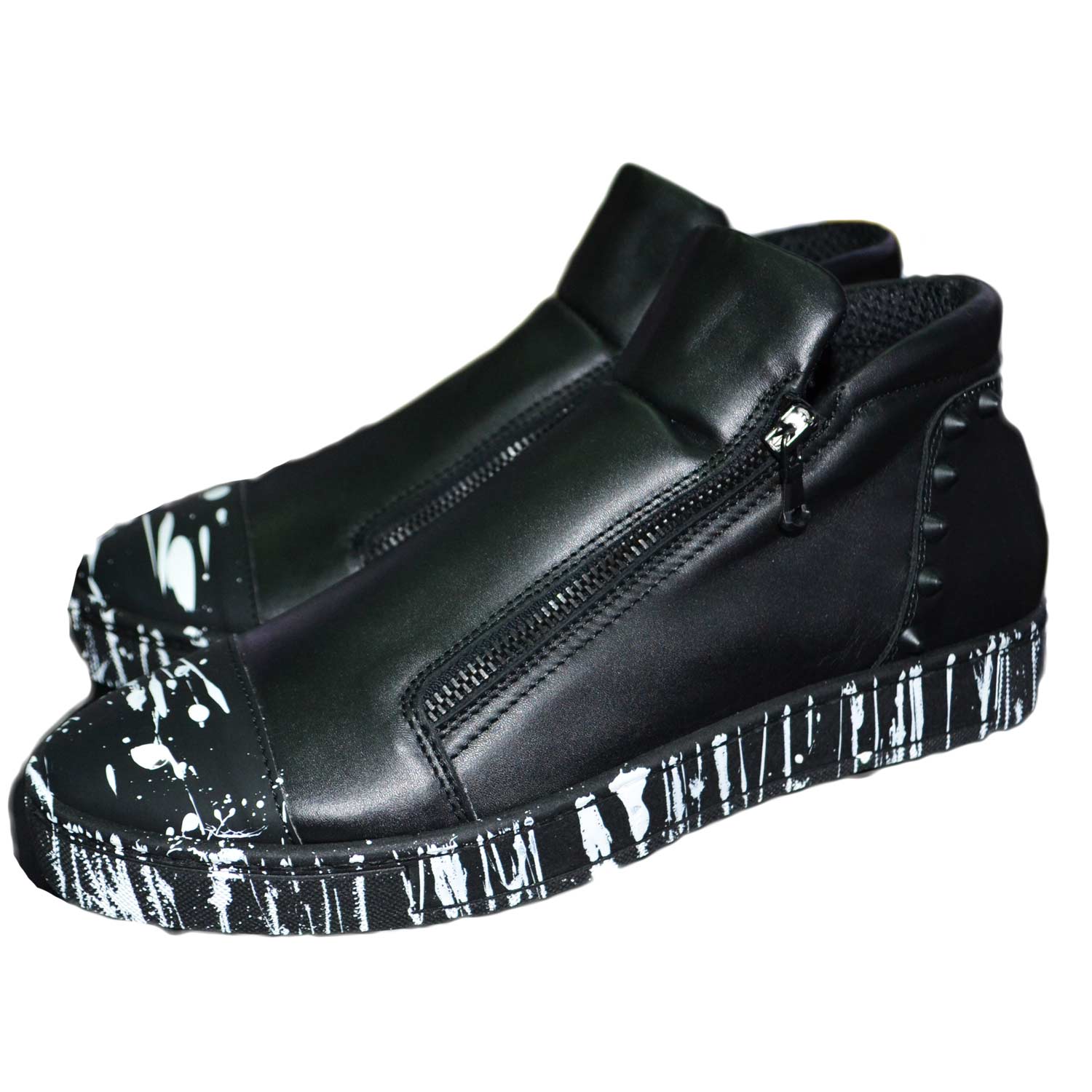Sneakers bassa uomo scarpe calzature modello con zip dettaglio nero vitello schizzi vera pelle borchie