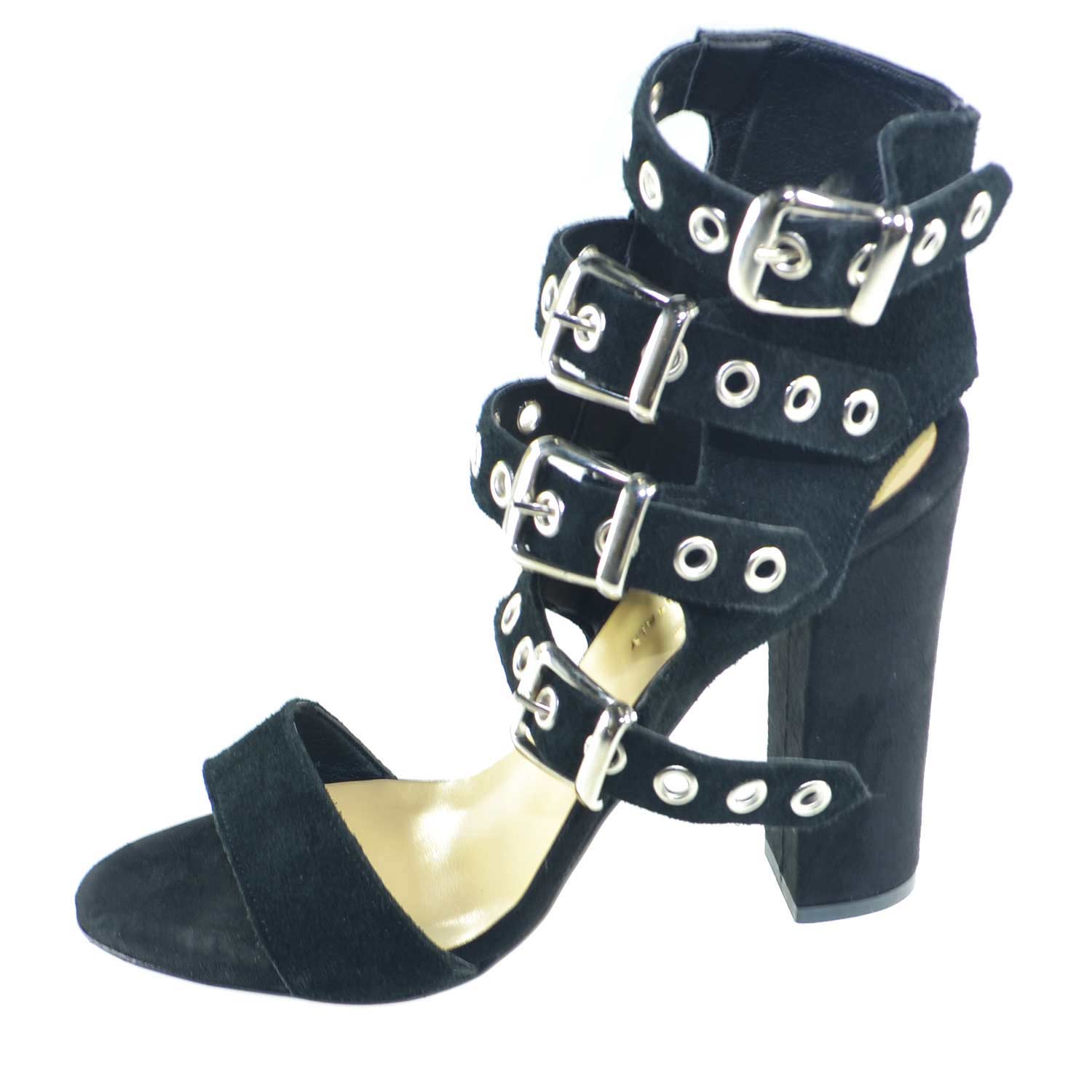 Sandali tacco doppio nero art.st9094 made in italy accessori fibbia argento camoscio moda comfort fondo antiscivolo