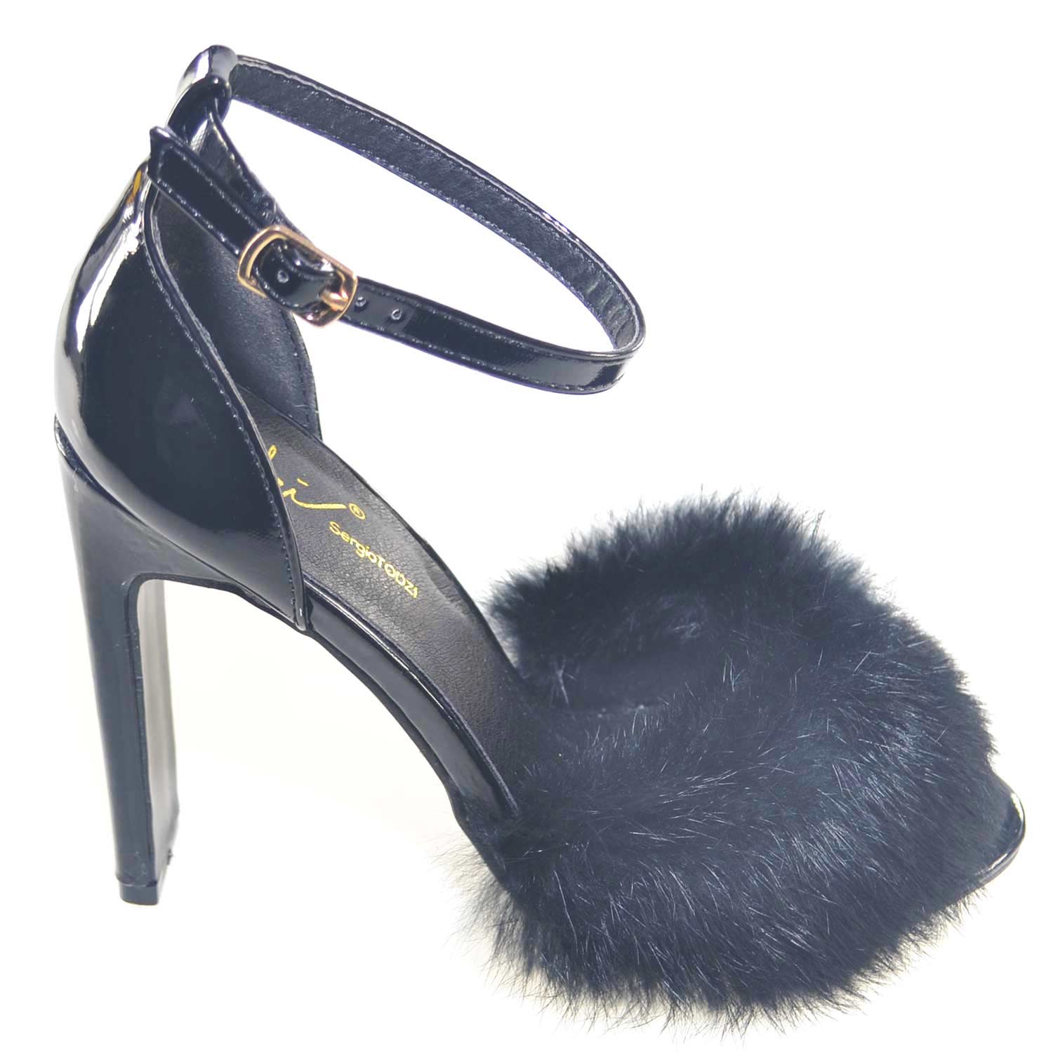Sandali tacco doppio comfort vernice nero con applicazioni pelliccia moda  glamour donna sandali tacco sergio todzi | MaluShoes