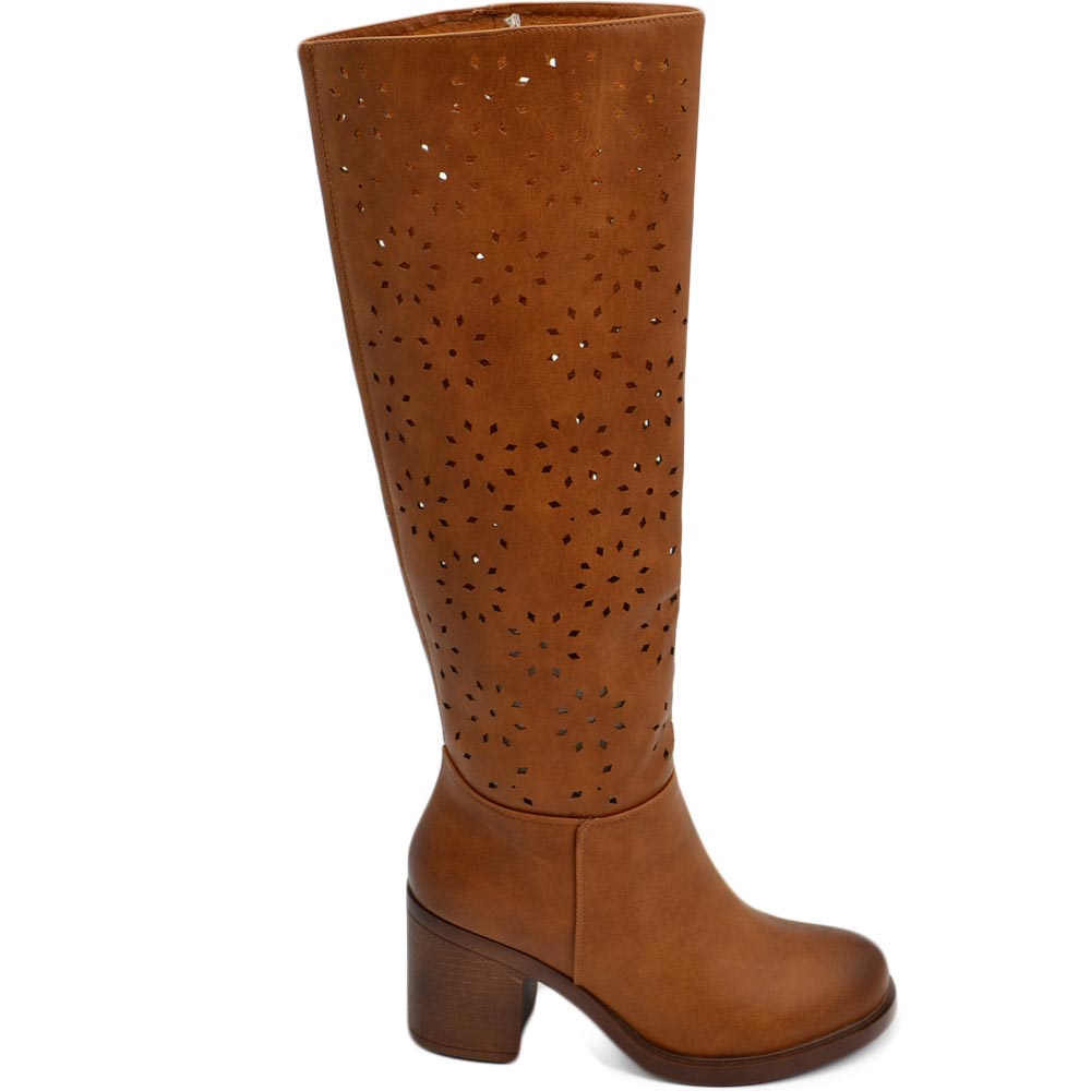 Stivali donna alto punta tonda cuoio gambale traforato puntinato al ginocchio tacco largo 6 cm moda elegante