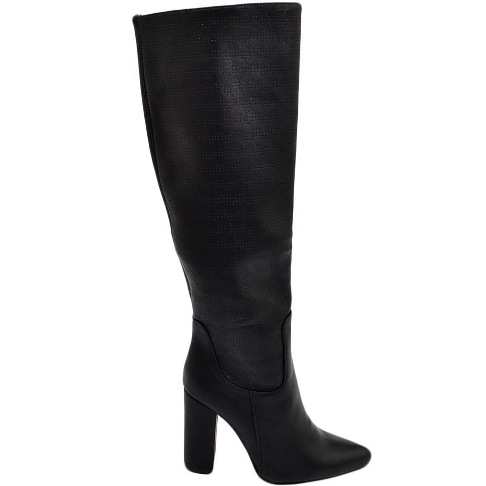Stivale donna alto rigido in pelle nero traforato tacco largo liscio linea basic a punta moda altezza ginocchio zip.