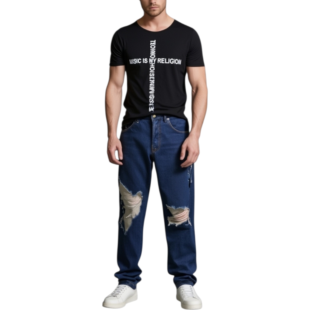 T-Shirt lunga uomo nera oversize maniche corte scritta la music is my religion street style estate