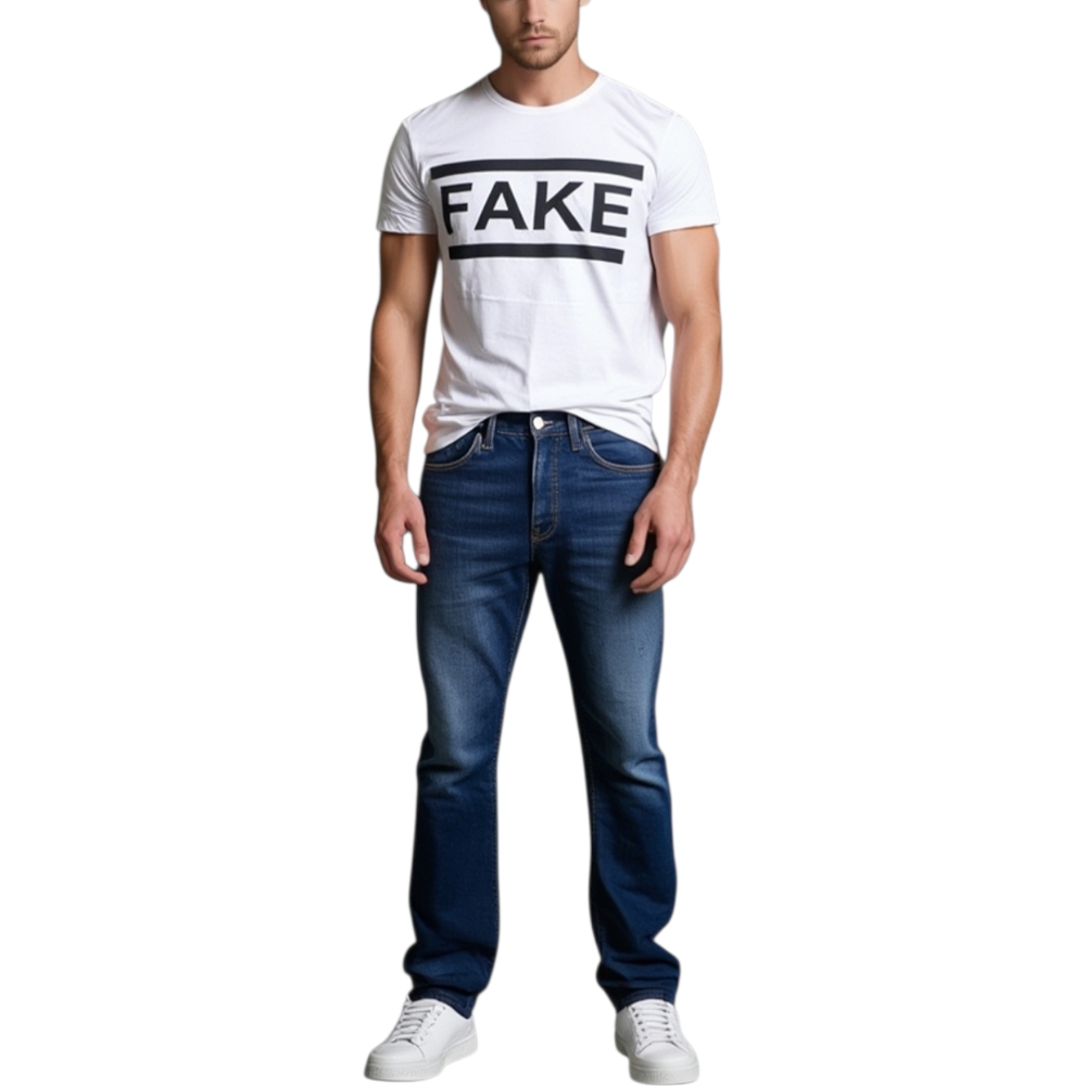 t-shirt man uomo stampato bianco white fake fantasia taglia moda uomo man moda giovanile