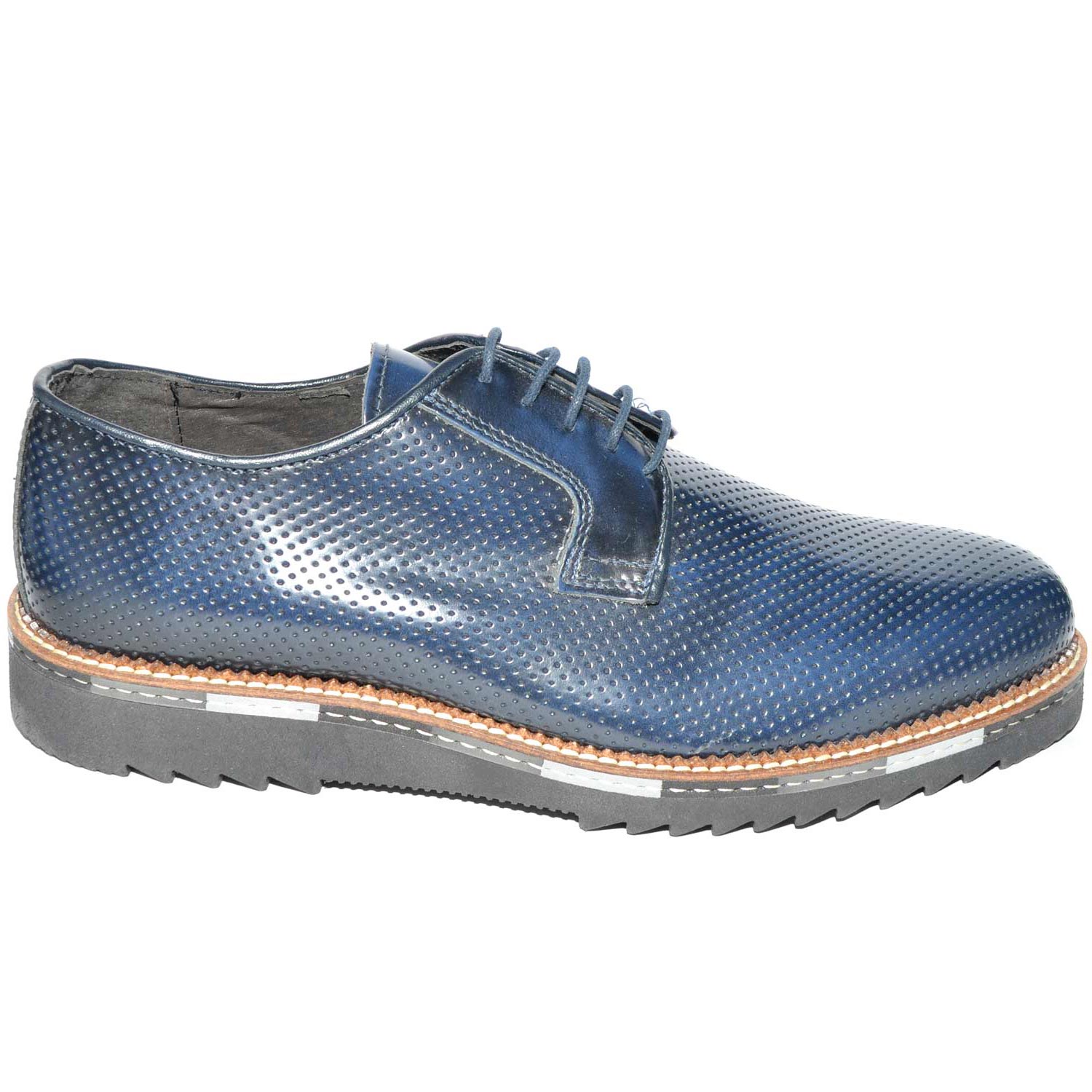 Scarpe uomo fondo cassonetto gomma classico sportivo antiscivolo vera pelle abrasivato blu traforato made in italy