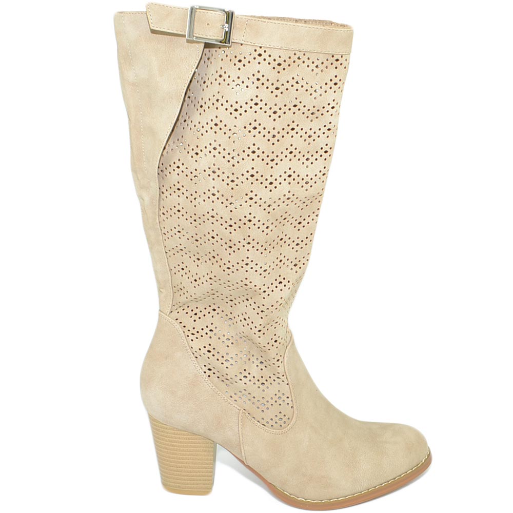 Stivali donna beige plateau estivi gambale traforato altezza ginocchio con tacco grosso comodo e zip fibbia regolare	