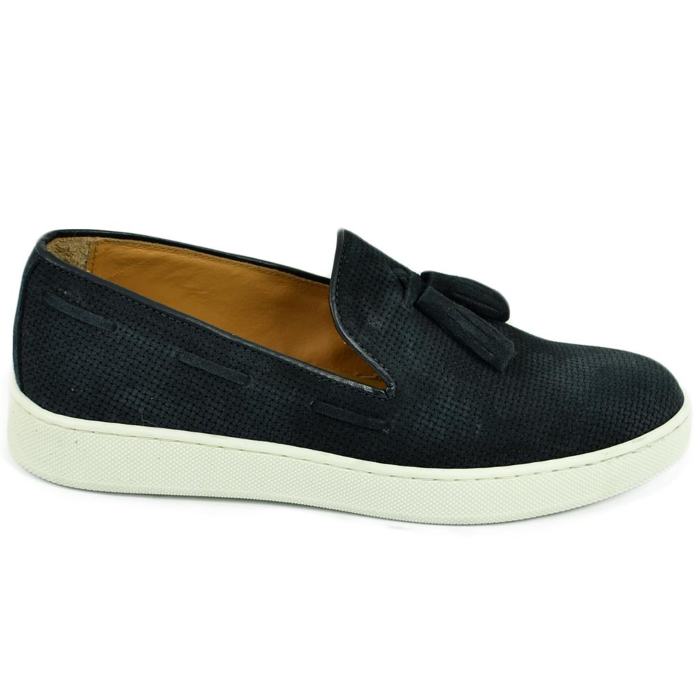 Mocassini uomo slip on classico sportivo in vera pellecamoscio intrecciato blu cuciture  bon bon fondo bianco alto