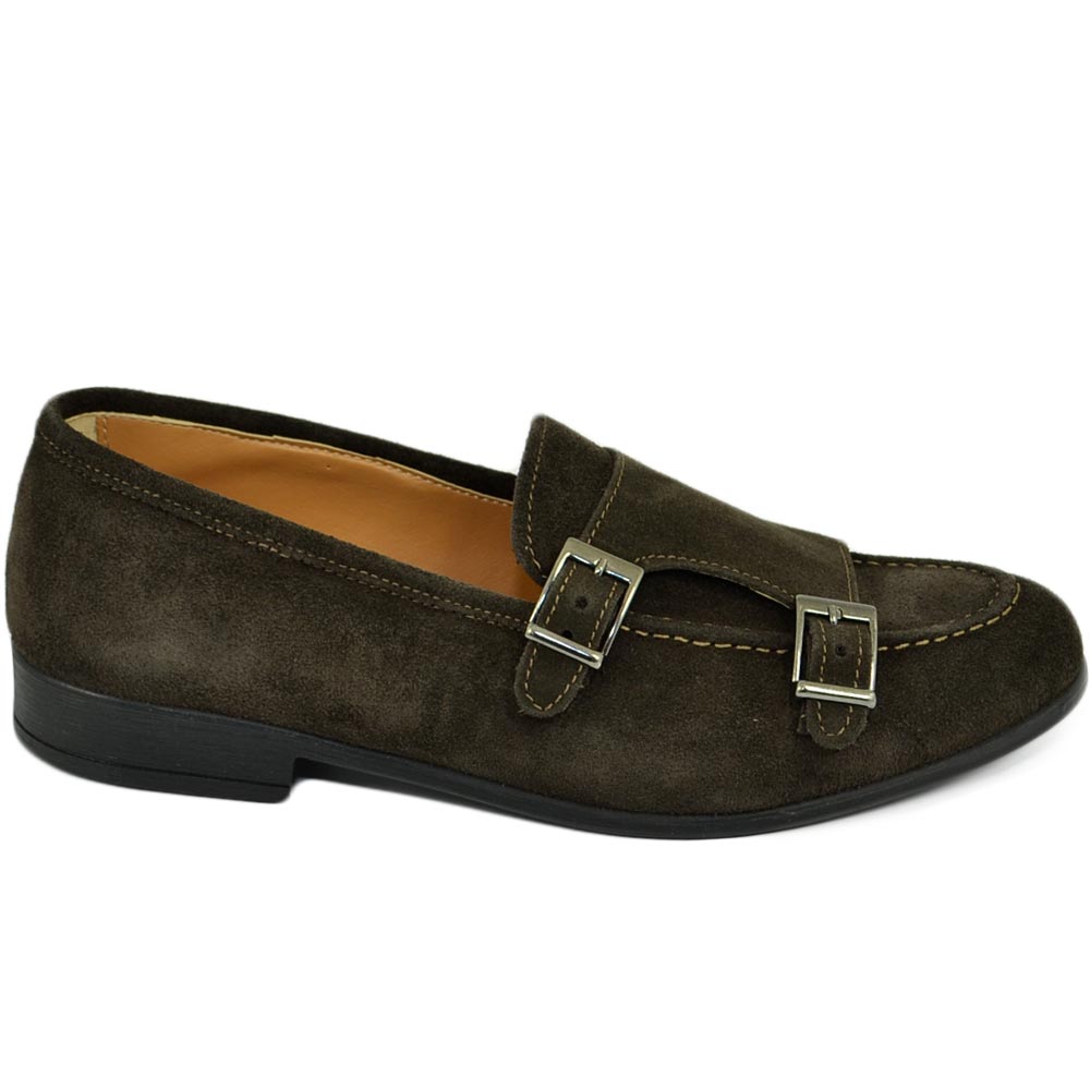 Scarpe uomo mocassino con fibbia doppia marrone sottile derby vintage vera pelle camoscio slip on business linea dandy