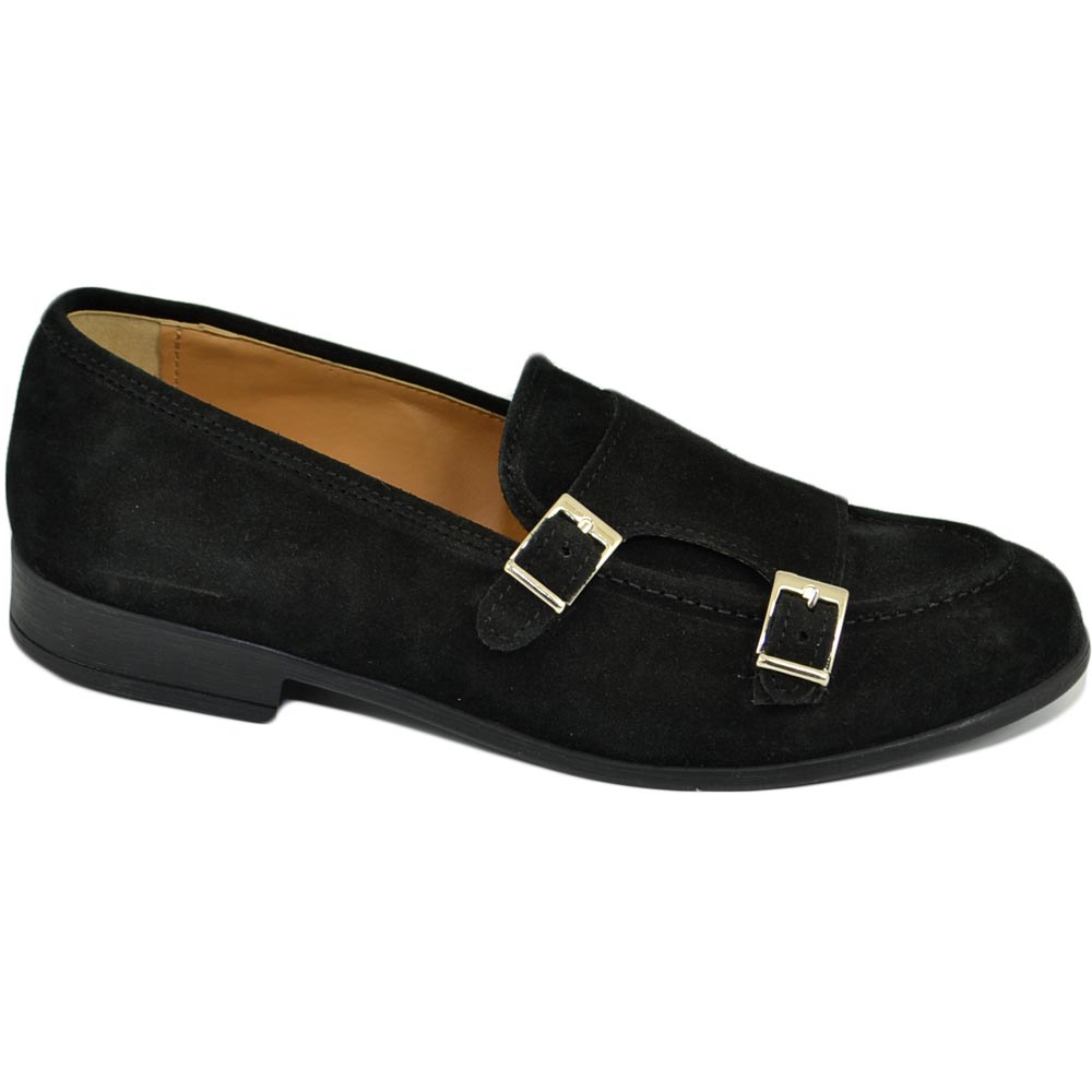 Scarpe uomo mocassino con fibbia doppia nero sottile derby vintage in vera pelle camoscio slip on business linea dandy