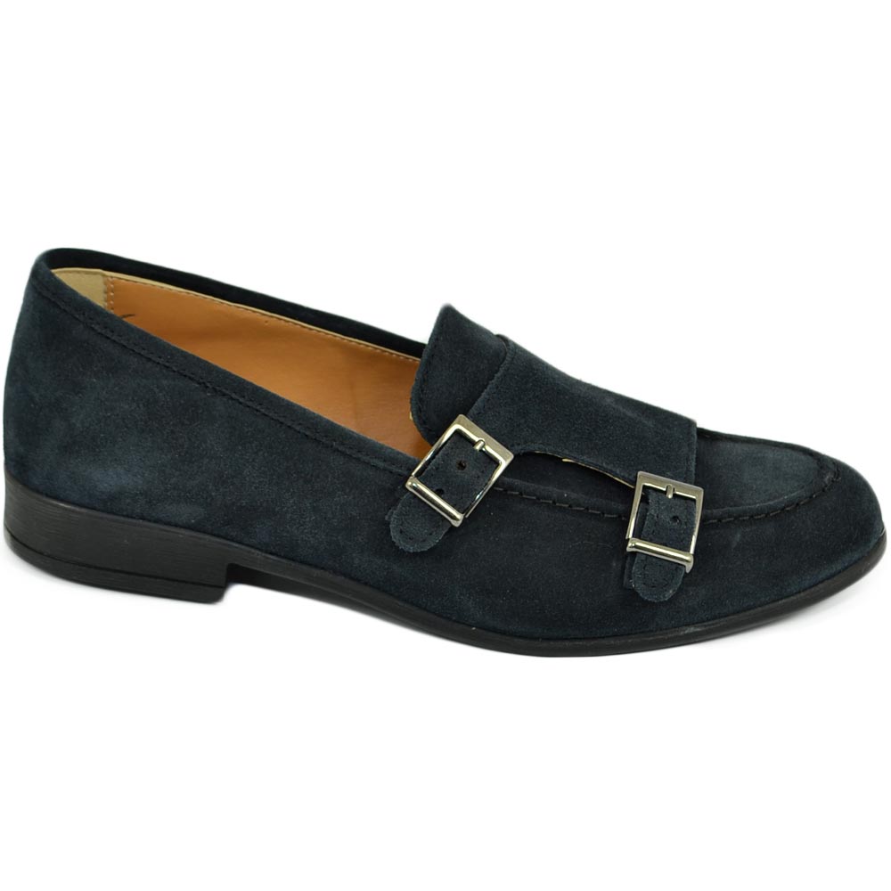 Scarpe uomo mocassino con fibbia doppia blu sottile derby vintage in vera pelle camoscio slip on business linea dandy