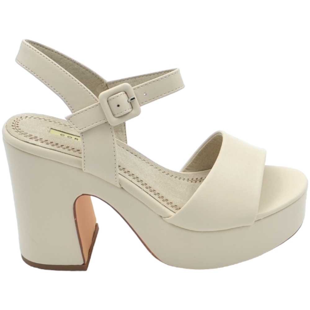 Scarpe sandalo donna pelle beige platform punta rotonda tacco largo 10 cm plateau 4 cm cinturino alla caviglia open toe.