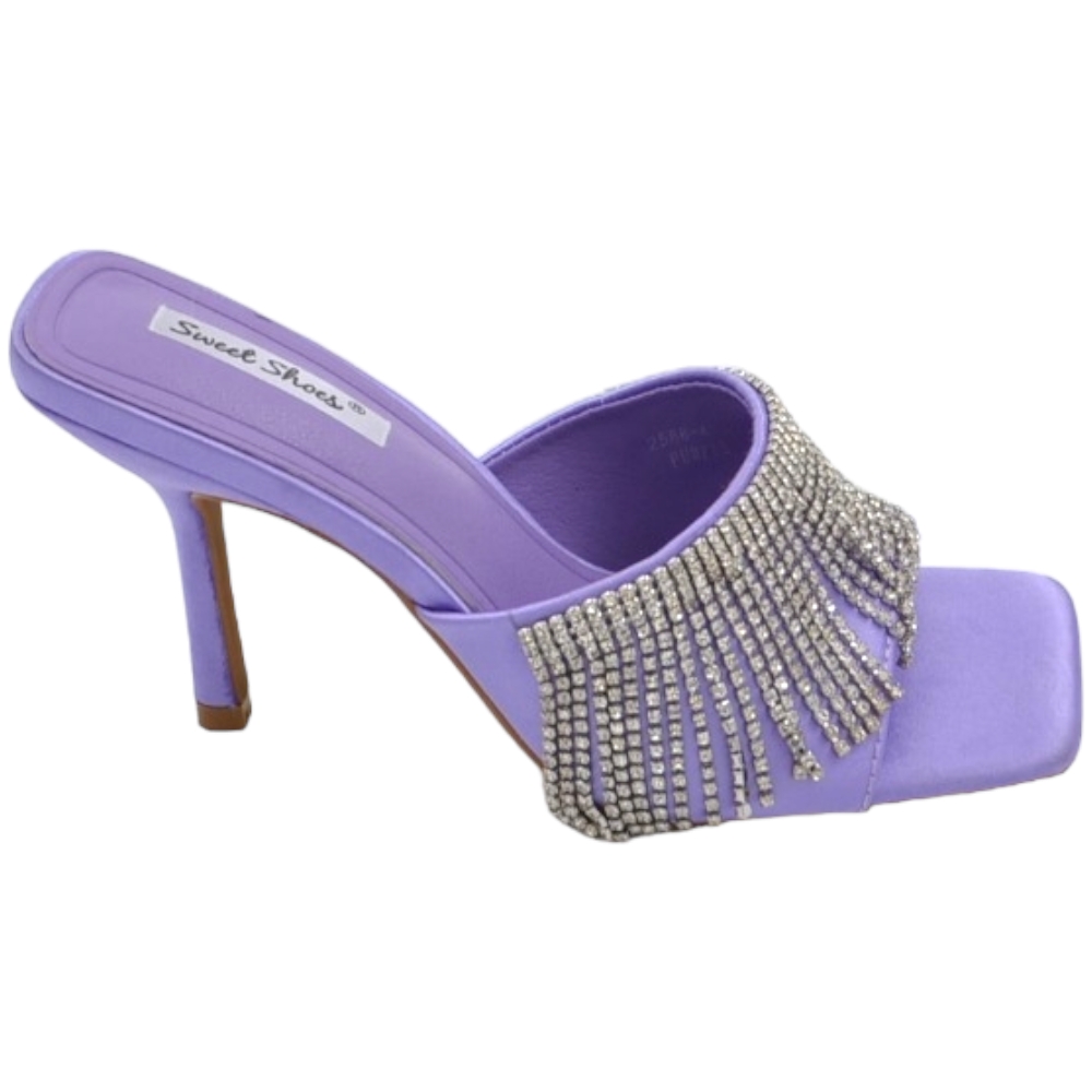 Sandalo gioiello viola donna tacco sottile 8 cm fascia larga con strass pendenti luccicanti cerimonia evento open toe.