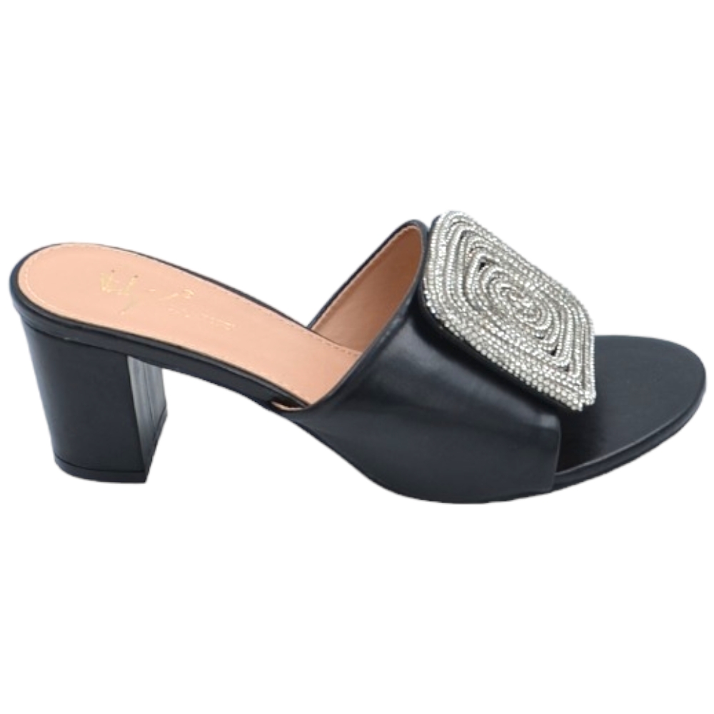 Sandali donna  mules pantofola tacco quadrato basso aperto dietro pelle nero con gioiello quadrato in punta.