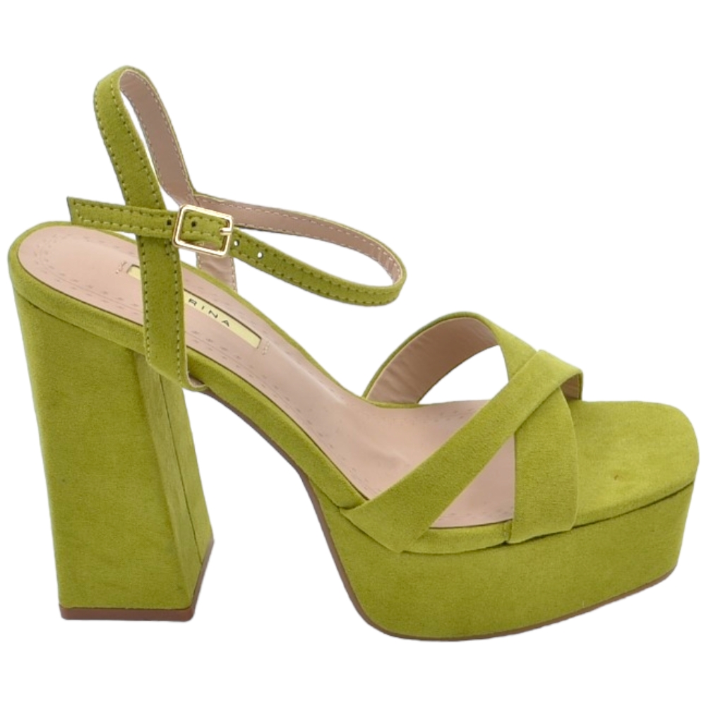Scarpe sandalo donna camoscio verde platform punta quadrata tacco largo 12 cm con plateau 4 cm cinturino alla caviglia 