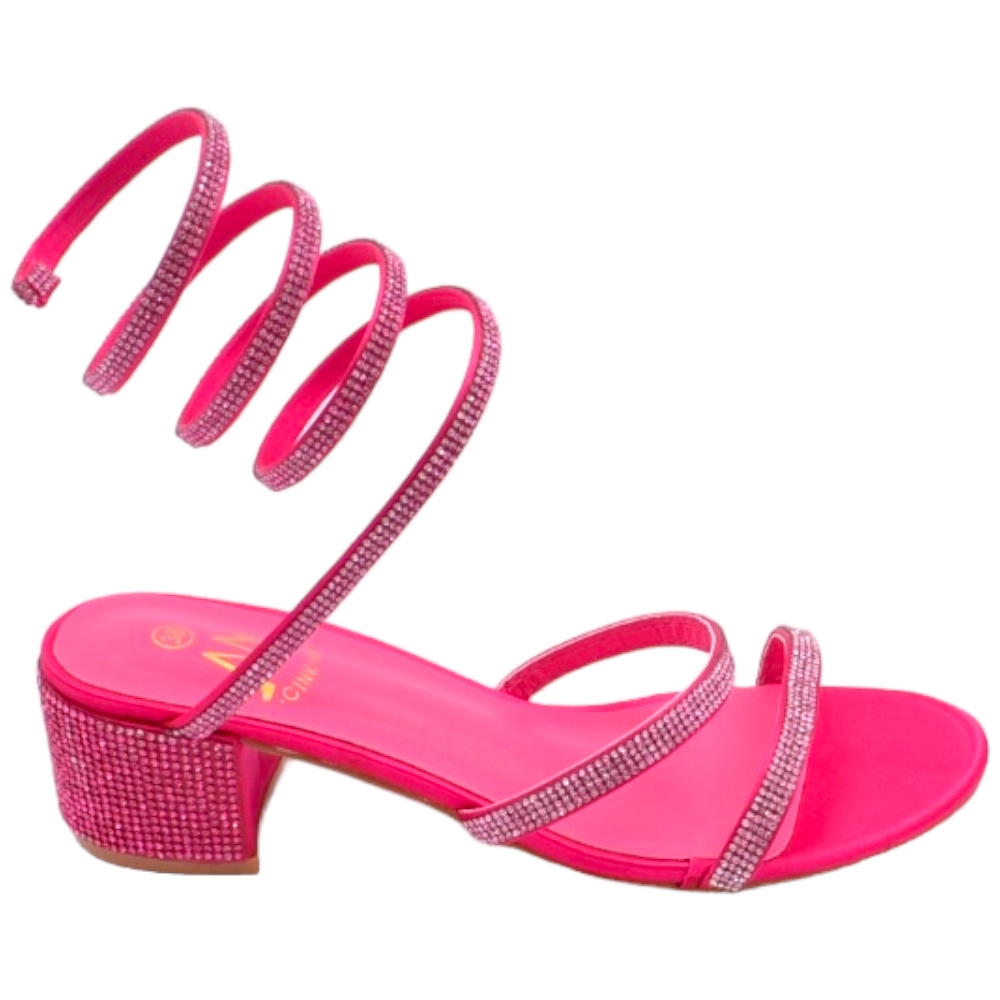 Sandali donna fucsia con strass tacco largo basso 4 cm serpente