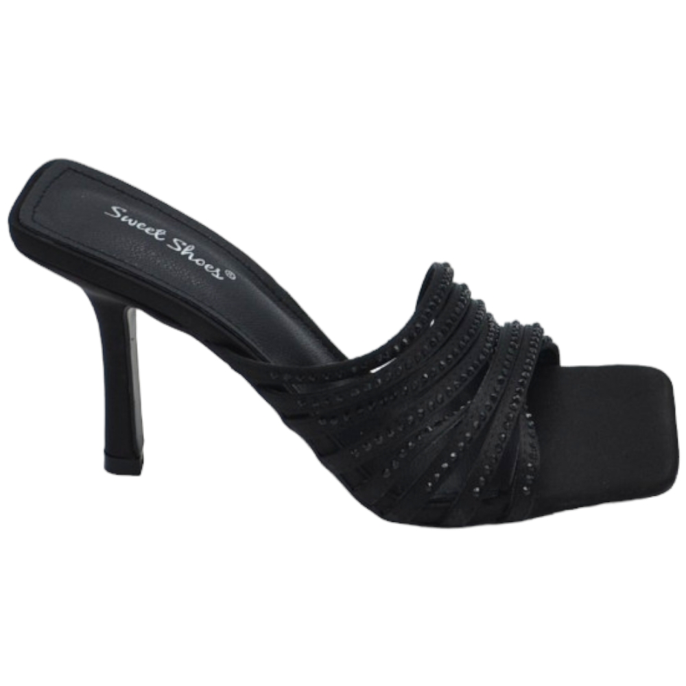 Sandalo gioiello donna nero tacco sottile 8cm in raso fasce sottili oblique con strass cerimonia evento open toe.