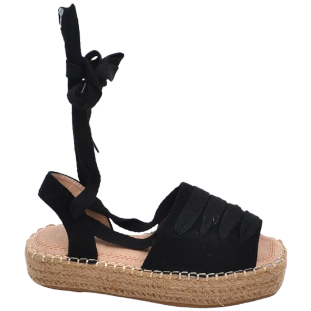 Espadrillas donna aperte ai lati in camoscio nero con lacci alla schiava open toe zeppa 3 cm comodo estivo.