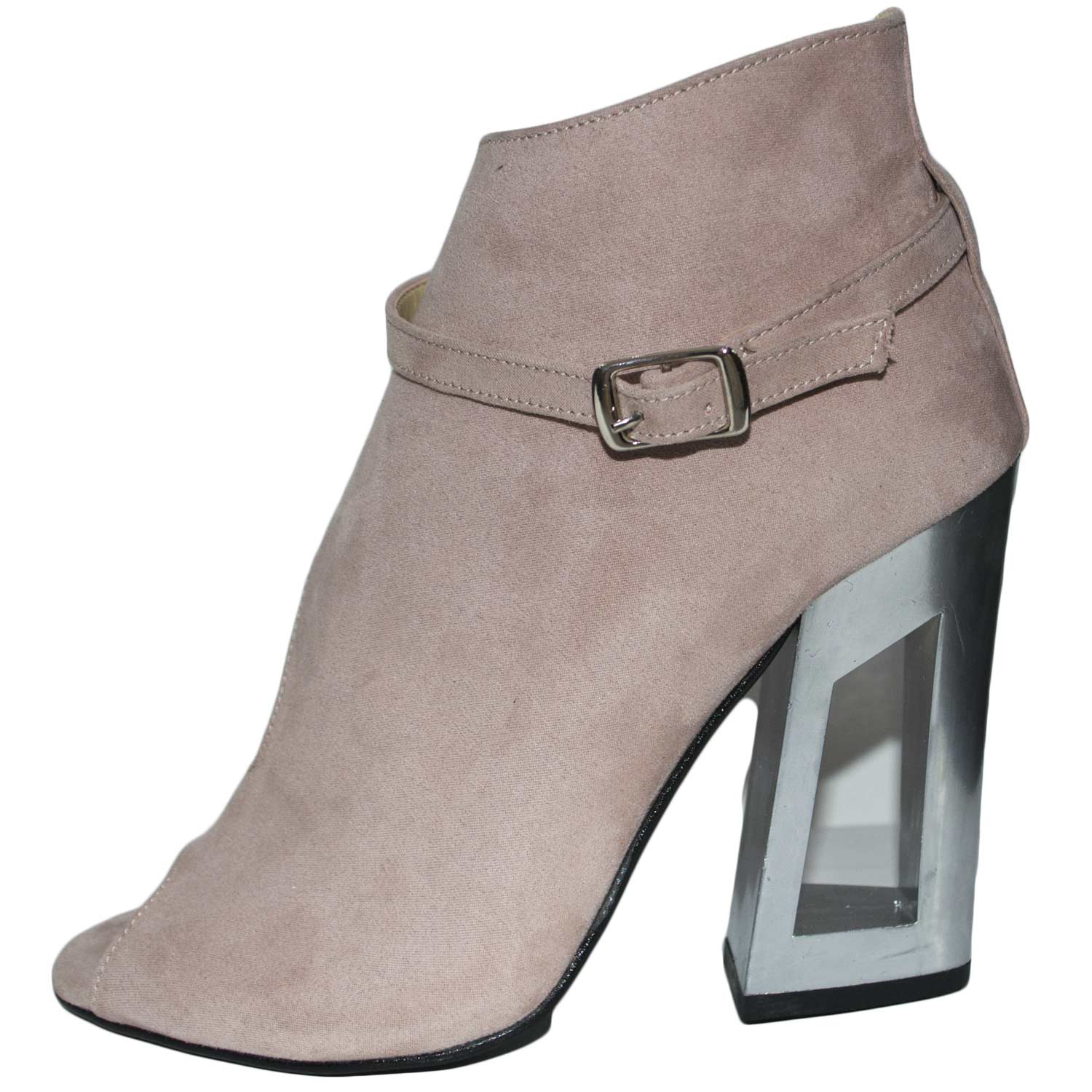 SCARPE TRONCHETTO DONNA ELEGANTE CERIMONIA MADE IN ITALY IN CAMOSCIO ROSA CON CINTURINO APERTE SUL LATO